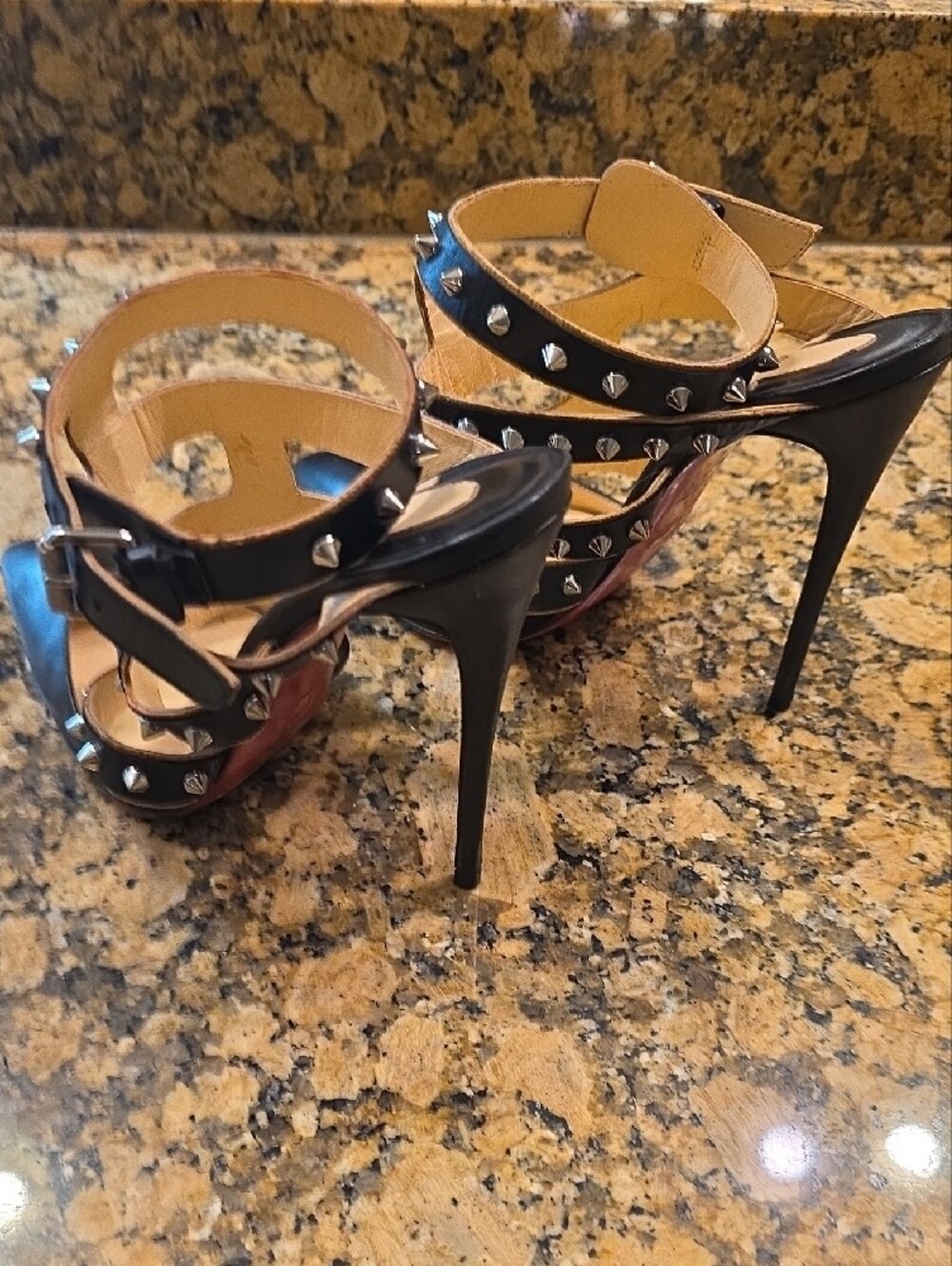 Christian Louboutin Black Leather Studded Strappy Pointed-Toe Pumps - Picture 7 of 15